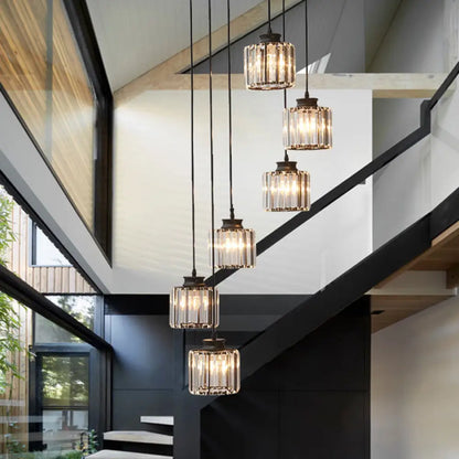 Isabelle - Modern Cylinder Staircase Multi Ceiling Light Clear Crystal Modern Suspension Light Fixture