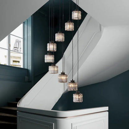 Isabelle - Modern Cylinder Staircase Multi Ceiling Light Clear Crystal Modern Suspension Light Fixture