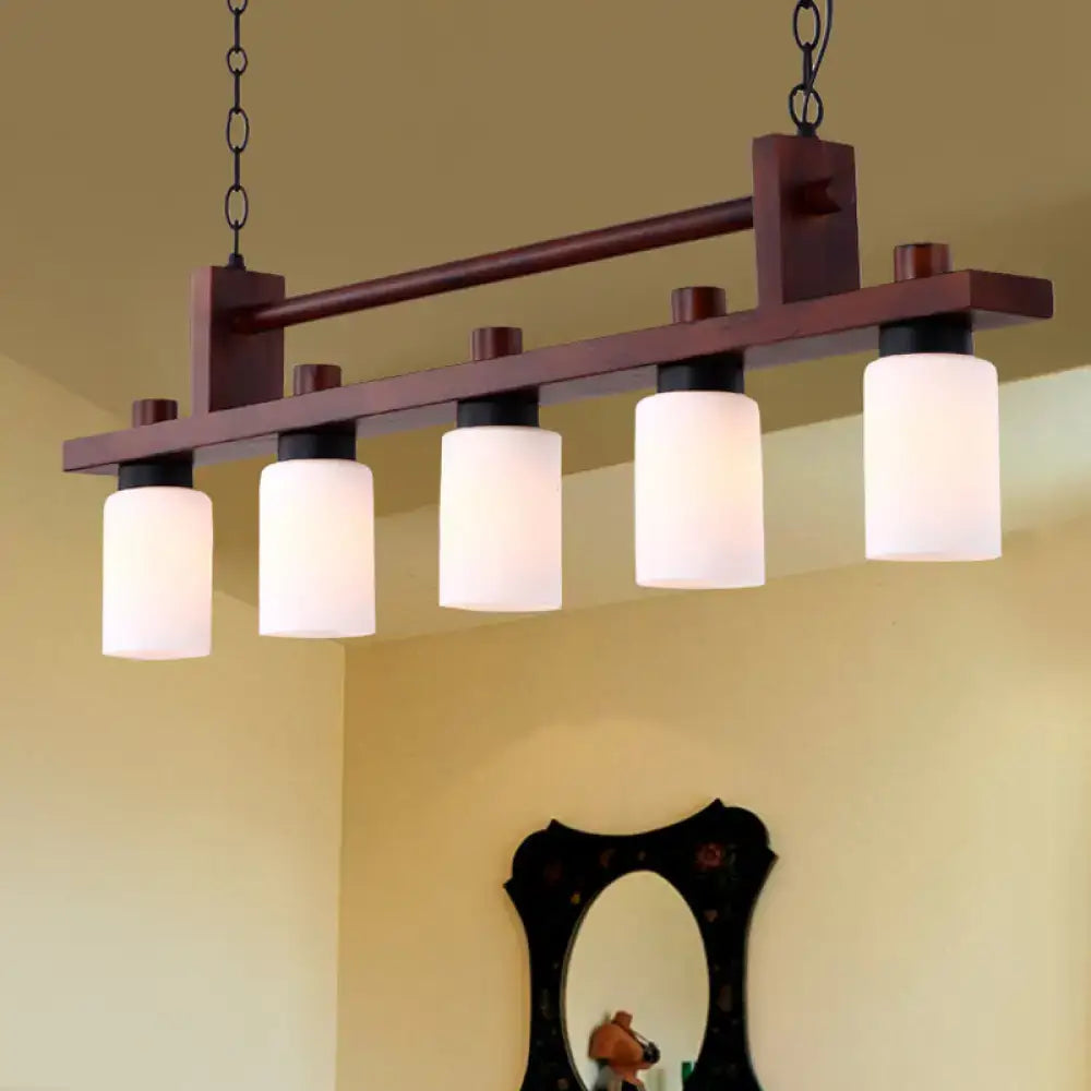 Decorbites 5-light island pendant with traditional linear wood frame and opal glass shade in dark brown finish