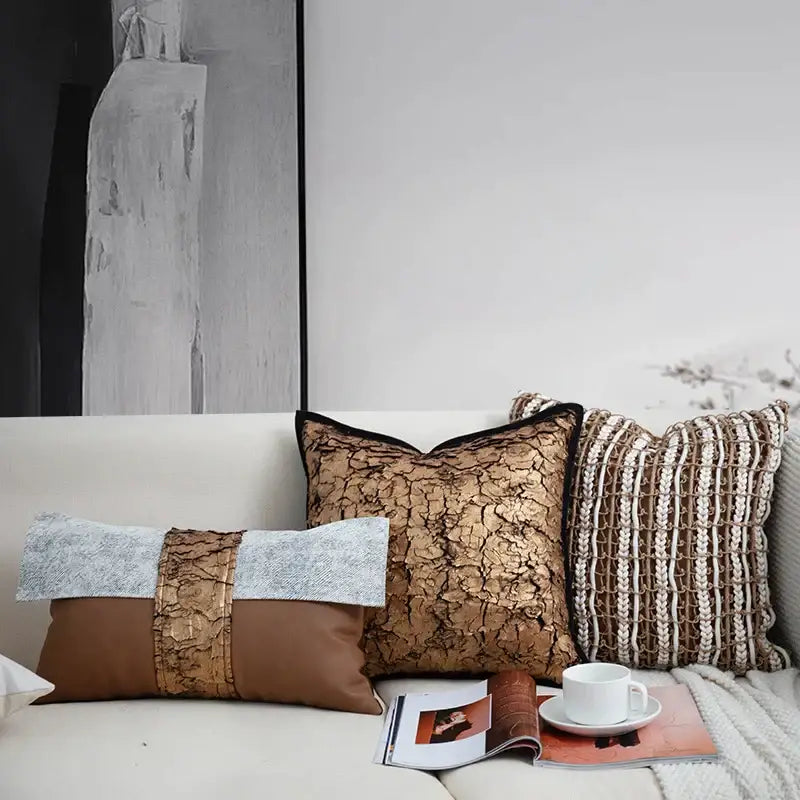 Gold-toned crackled fabric cushion cover with black trim decorbites italian light luxury living room decor