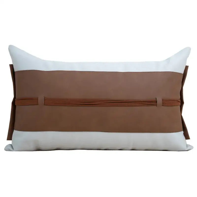 Rectangular cushion cover with white top and bottom sections and a central brown panel with a brown strap decorbites italian light luxury