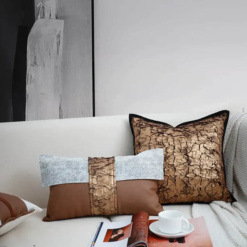 Rectangular italian light luxury cushion cover with textured cracked gold metallic center and gray brown fabric sides decorbites