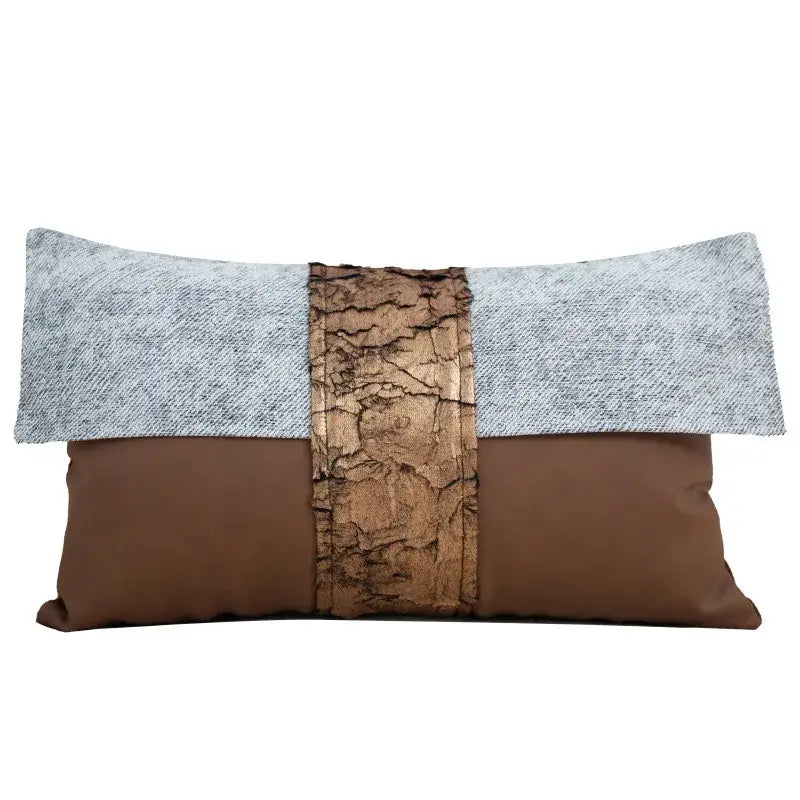 Rectangular cushion cover with textured gray fabric top brown base and cracked gold-toned strip for decorbites italian light luxury living room decor