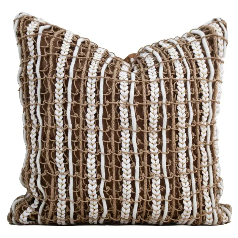 Square cushion cover with woven beige and white braided rope pattern on textured brown fabric for decorbites italian light luxury decor