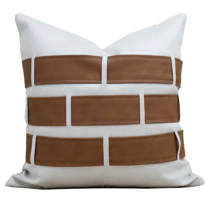 White and tan faux leather brick-patterned cushion cover for decorbites italian light luxury living room decor