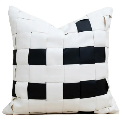 A square italian light luxury cushion cover with black and white woven leather strips for living room decorbites decor