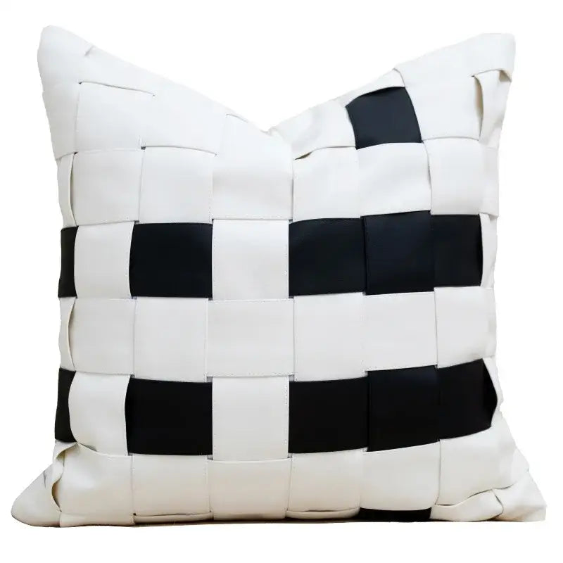 A square italian light luxury cushion cover with black and white woven leather strips for living room decorbites decor