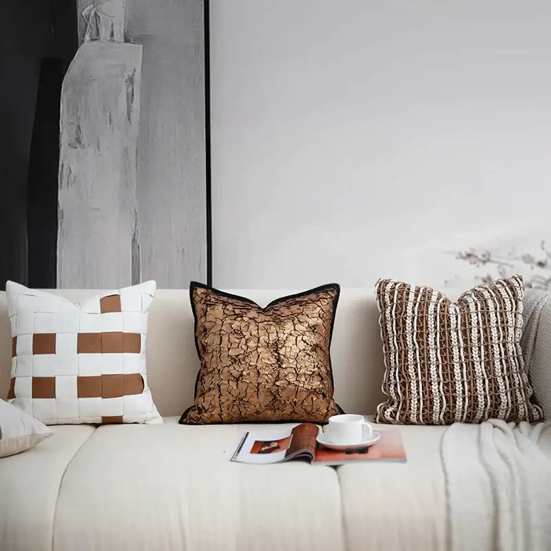 Beige sofa with three decorbites italian light luxury brown and white woven cushion cover living room decor