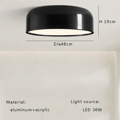 Italian minimalist round black ceiling lamp with sleek aluminum and acrylic design featuring a 36w led bulb