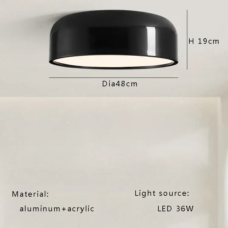 Italian minimalist round black ceiling lamp with sleek aluminum and acrylic design featuring a 36w led bulb