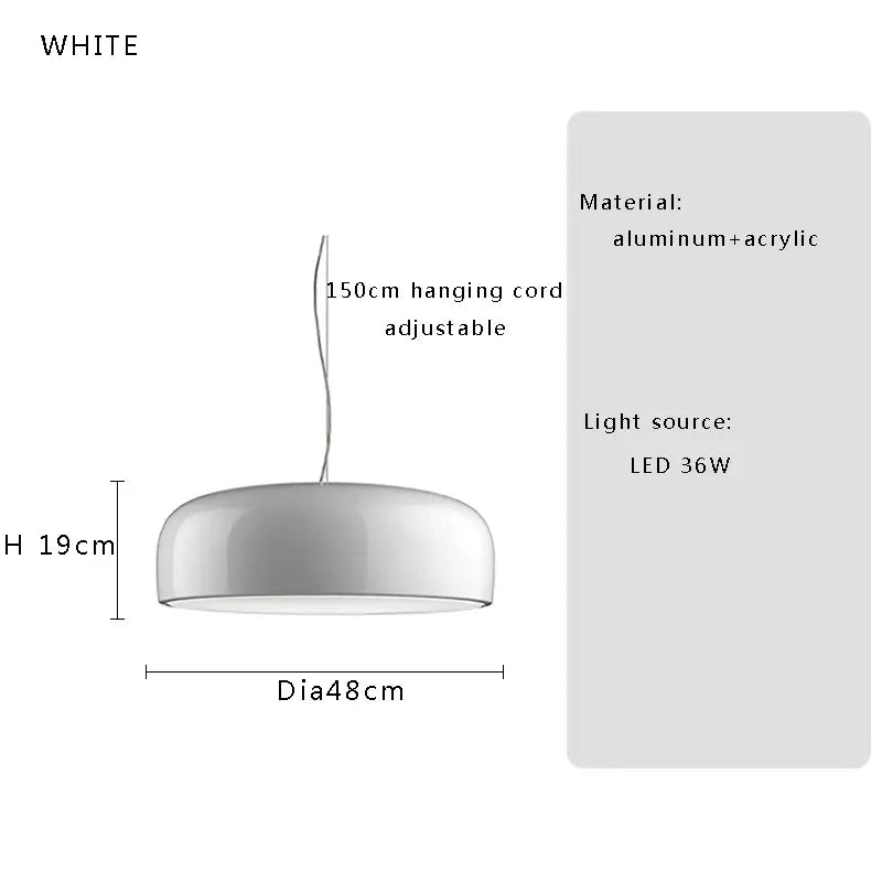 White pendant ceiling lamp with sleek dome shape made of aluminum and acrylic for decorbites italian minimalist round design