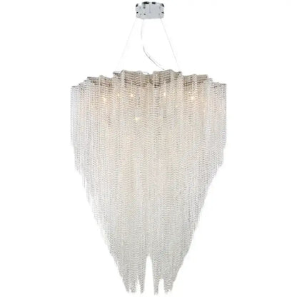 Italian postmodern pendant light with cascading clear crystal tassel strands suspended from sleek chrome fixture