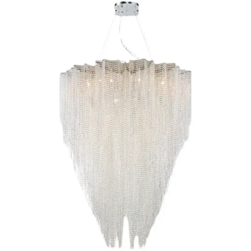 Italian postmodern pendant light with cascading clear crystal tassel strands suspended from sleek chrome fixture