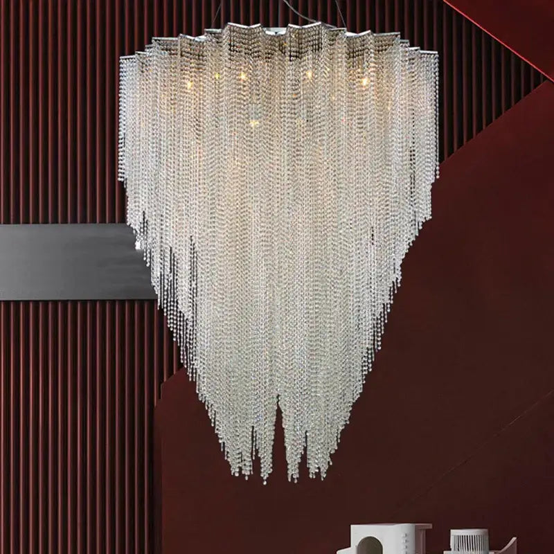 Italian postmodern pendant light with clear crystal tassel beads and sleek metallic frame for bedroom decorbites crystal tassel
