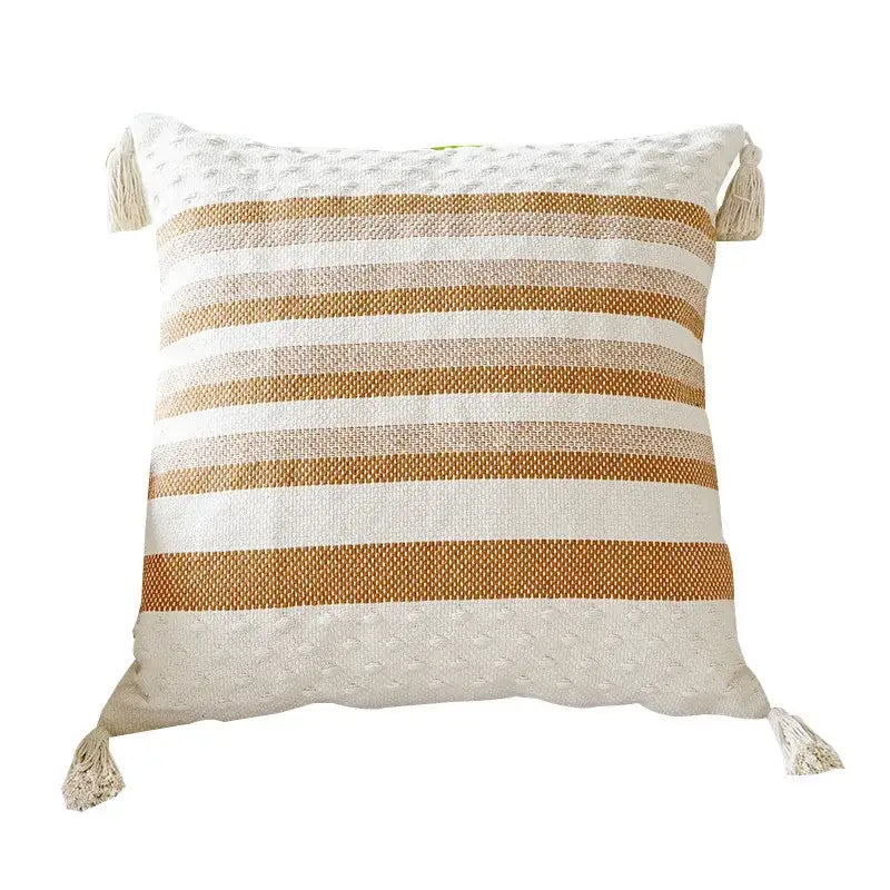 Ivory brown coffee striped pillow case with textured weave and tassels for decorbites living room decor