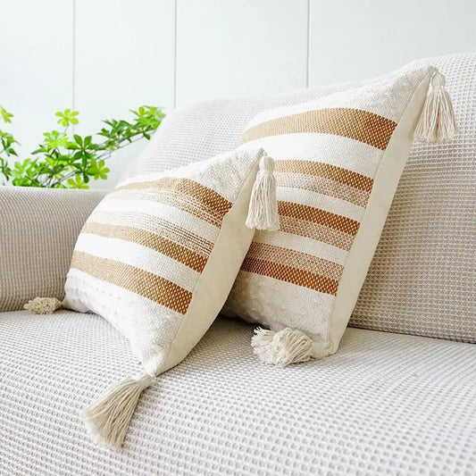 Cream and tan striped woven pillow case with tassels for decorbites ivory brown coffee living room decor