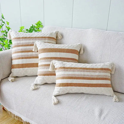 Set of three ivory brown coffee striped pillow cases with tassels for living room decor by decorbites
