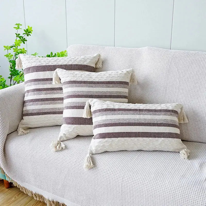 Set of three ivory brown coffee pillow cases with cream and dark gray stripes and tassels for decorbites living room decor