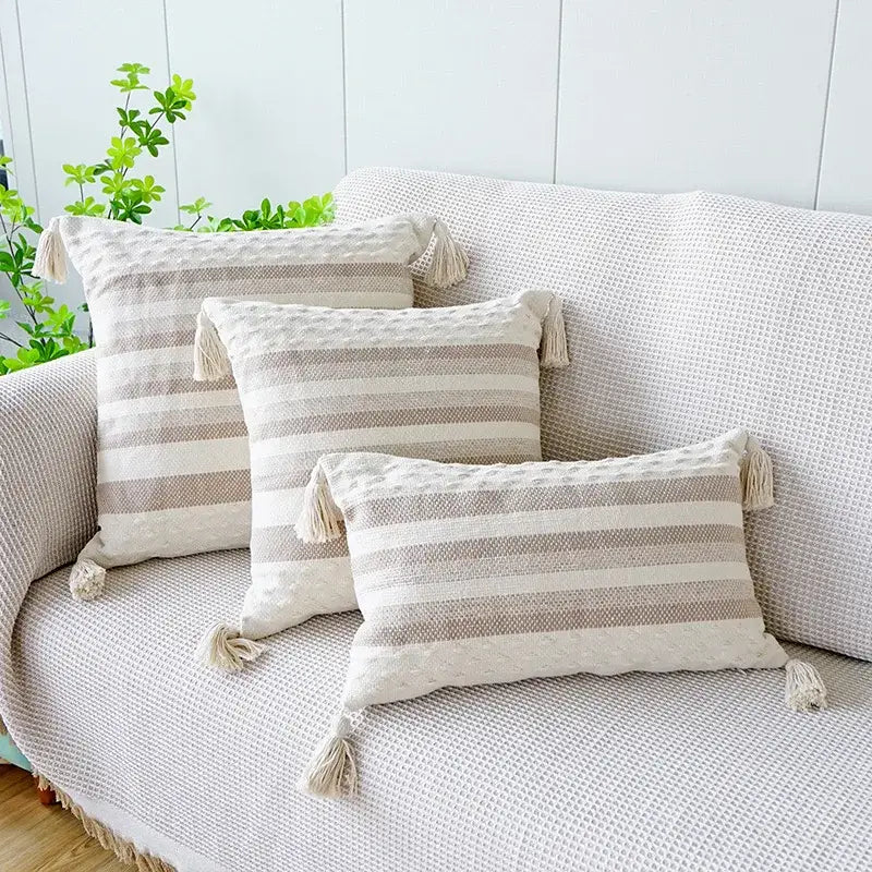 Set of three beige and cream striped woven tassel pillow cases for decorbites ivory brown coffee living room decor