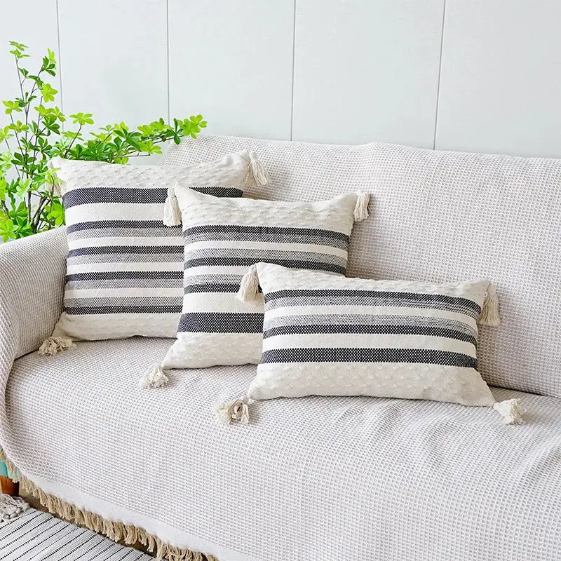 Three rectangular pillow cases with ivory brown coffee striped design and cream tassels for decorbites decorbites ivory brown
