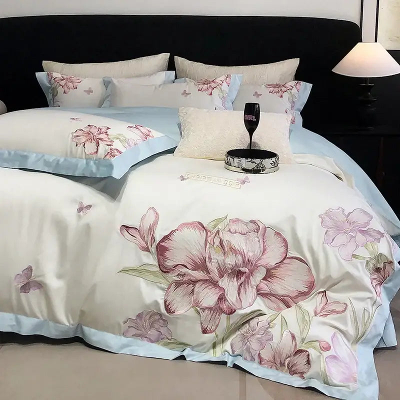 Ivory floral blooming flowers embroidery bedding set with cream duvet cover and soft pink lavender embroidery accents