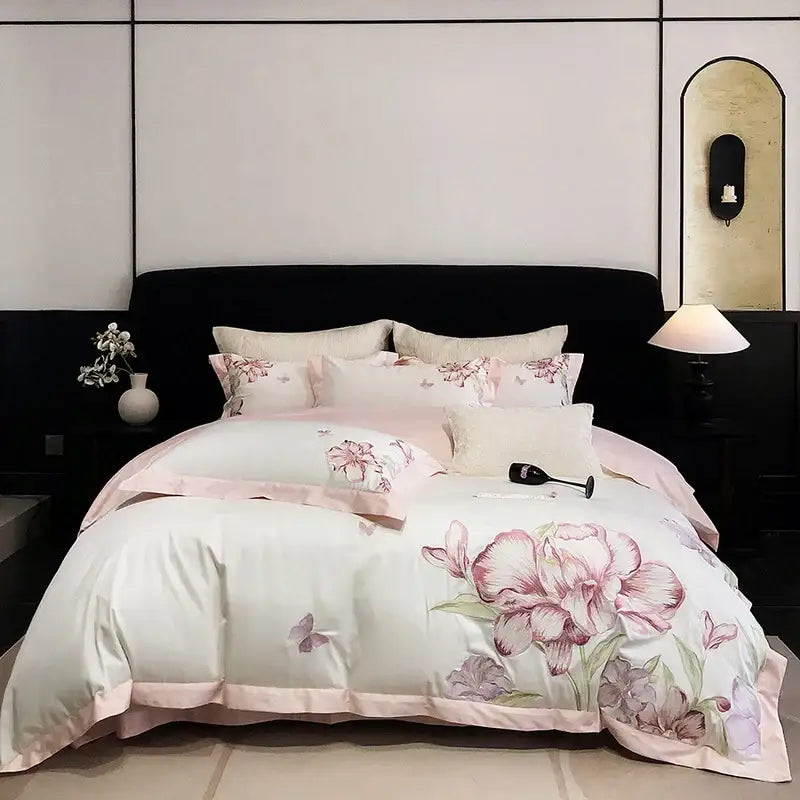 Ivory floral blooming flowers embroidery bedding set with pastel pink and white comforter and soft satin finish