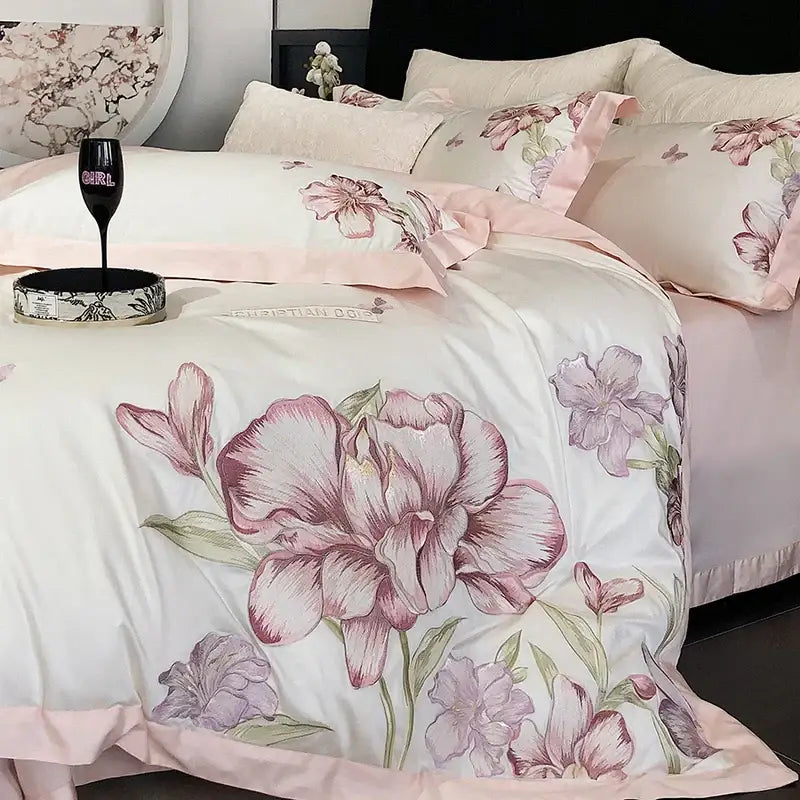 Ivory floral blooming flowers embroidery bedding set with delicate pink and white satin blossoms and matching pillowcases
