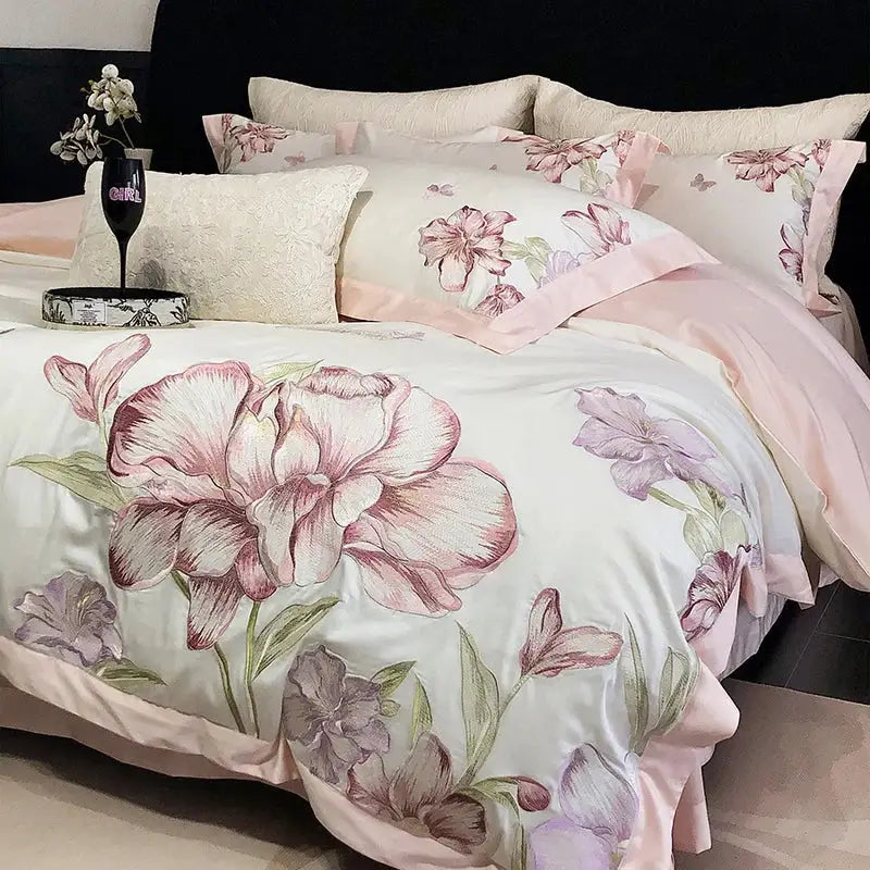 Ivory floral blooming flowers embroidery bedding set with delicate pink and lavender satin duvet cover decorbites blooming flowers