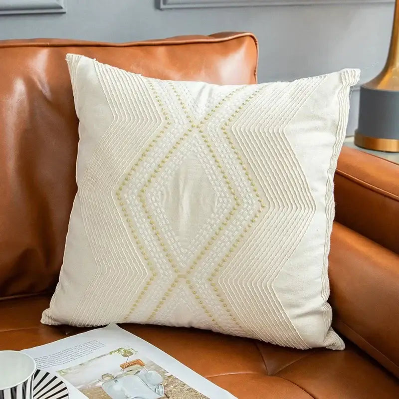 Ivory geometric embroidery cushion cover in cream with pale gold thread for living room decor by decorbites ivory geometric
