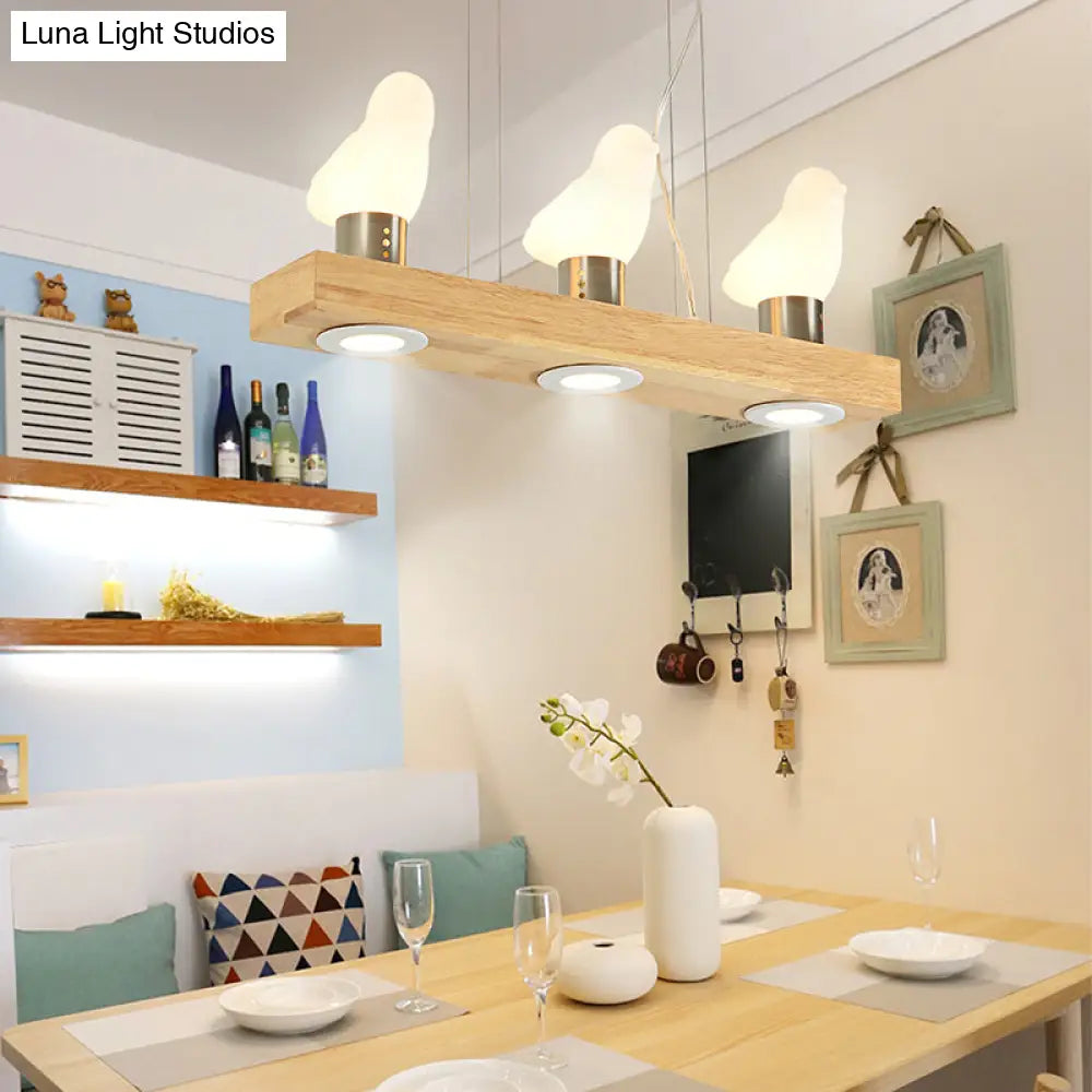 DecorBites™ Ivory Glass Bird Island Pendant Lighting Fixture with Decorative Wood Suspended Design