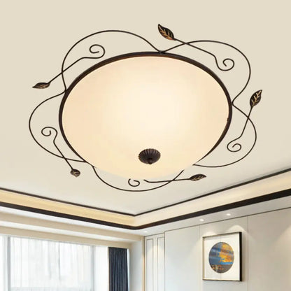 DecorBites™ DecorBites™ Ivory Glass Flushmount Ceiling Light with Twined Vines - 3-Head Dome Design, Rural Style - Black, 18"/25" W