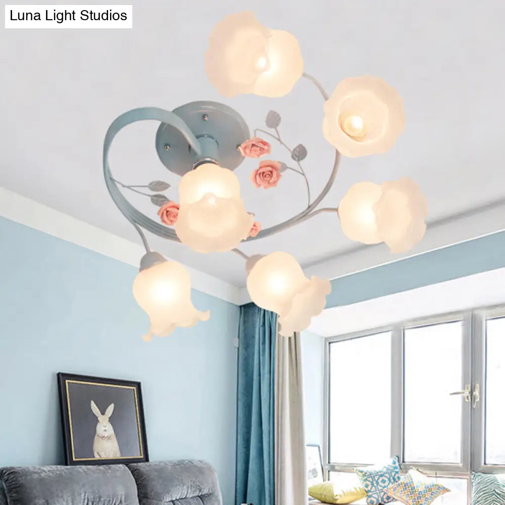 Ivory Glass Spiral Ceiling Lighting, 6 Heads, Semi-Flush Mount Light Fixture in Blue/Pink for Living Room