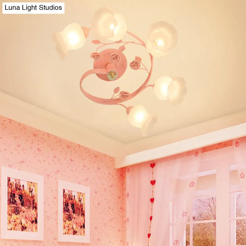 Ivory Glass Spiral Ceiling Lighting, 6 Heads, Semi-Flush Mount Light Fixture in Blue/Pink for Living Room