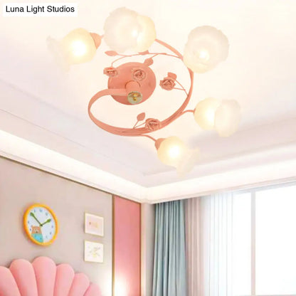 Ivory Glass Spiral Ceiling Lighting, 6 Heads, Semi-Flush Mount Light Fixture in Blue/Pink for Living Room