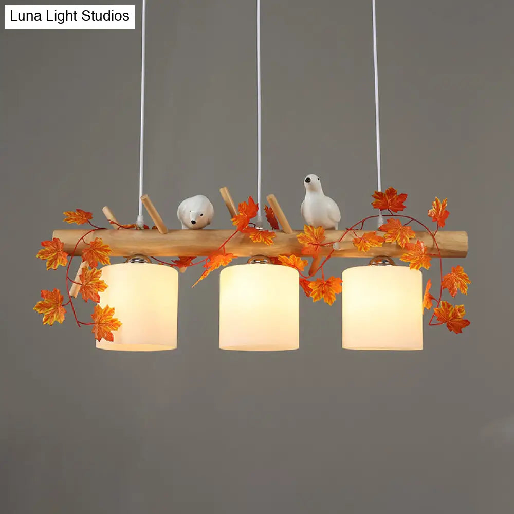 DecorBites™ Ivory Glass Wood Island Pendant - Industrial Style with Maple/Green Leaf and Bird Décor - 2/3 Bulbs