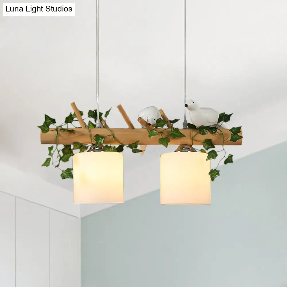 DecorBites™ Ivory Glass Wood Island Pendant - Industrial Style with Maple/Green Leaf and Bird Décor - 2/3 Bulbs