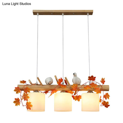 DecorBites™ Ivory Glass Wood Island Pendant - Industrial Style with Maple/Green Leaf and Bird Décor - 2/3 Bulbs