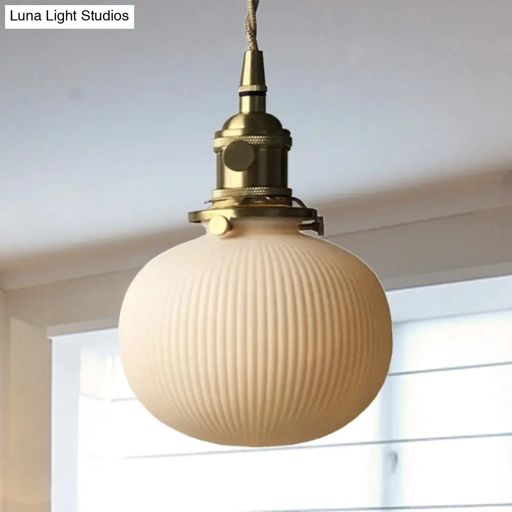 Ivory Ribbed Glass Pendant Lamp - Modern Dining Room Hanging Light