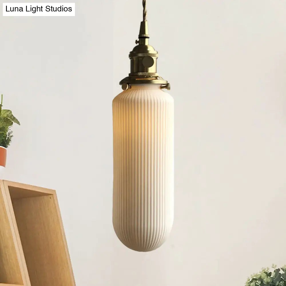 Ivory Ribbed Glass Pendant Lamp - Modern Dining Room Hanging Light