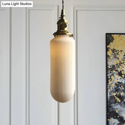 Ivory Ribbed Glass Pendant Lamp - Modern Dining Room Hanging Light