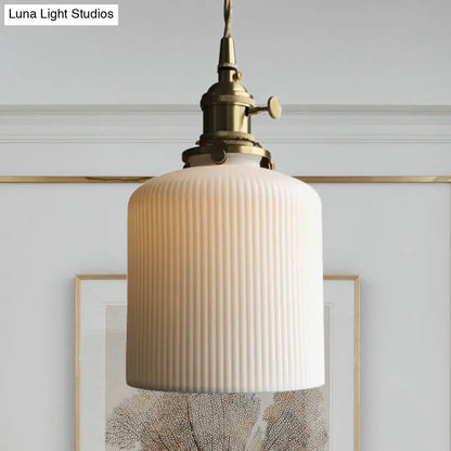 Ivory Ribbed Glass Pendant Lamp - Modern Dining Room Hanging Light