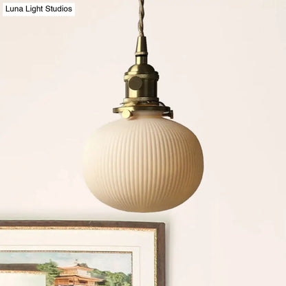 Ivory Ribbed Glass Pendant Lamp - Modern Dining Room Hanging Light