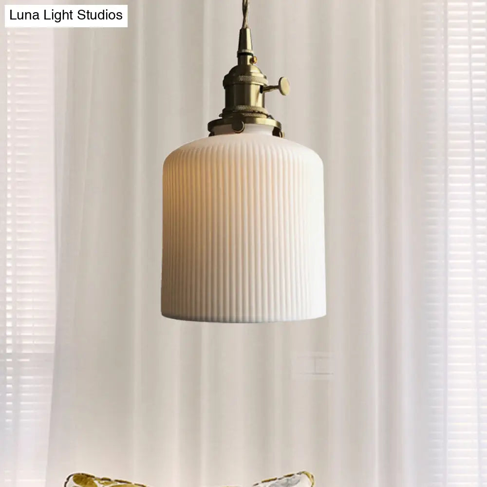 Ivory Ribbed Glass Pendant Lamp - Modern Dining Room Hanging Light