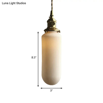 Ivory Ribbed Glass Pendant Lamp - Modern Dining Room Hanging Light