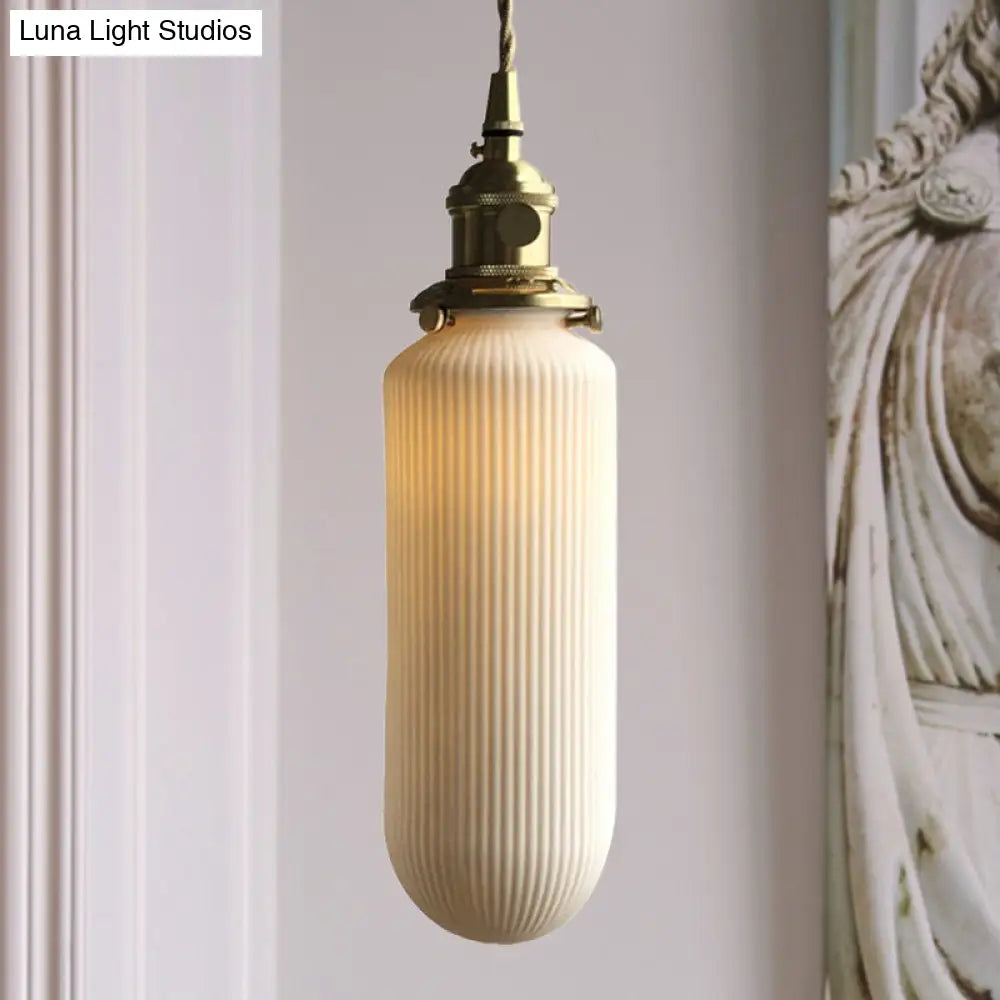 Ivory Ribbed Glass Pendant Lamp - Modern Dining Room Hanging Light