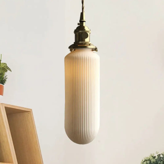 Ivory Ribbed Glass Pendant Lamp - Modern Dining Room Hanging Light