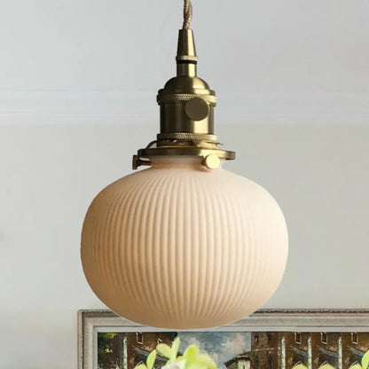 Ivory Ribbed Glass Pendant Lamp - Modern Dining Room Hanging Light