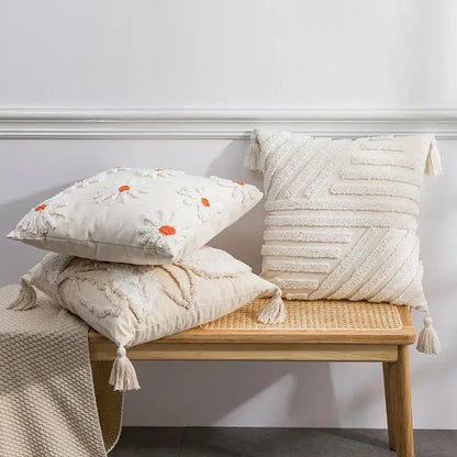Ivory tufted cushion cover with decorbites ivory tufted cream-colored throw pillows textured embroidery tassels