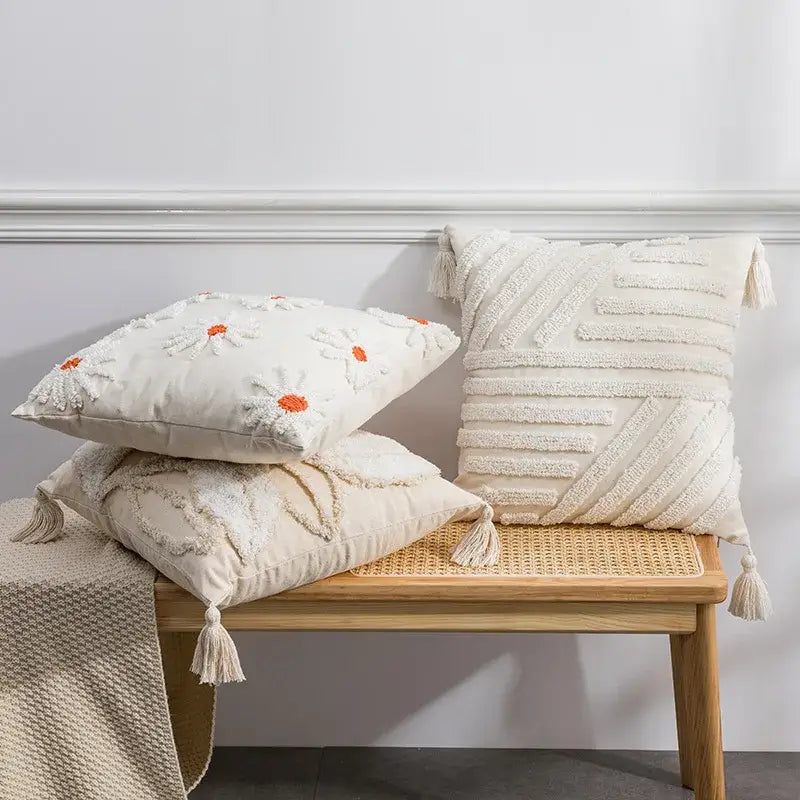 Ivory tufted cushion cover with decorbites ivory tufted cream-colored throw pillows textured embroidery tassels
