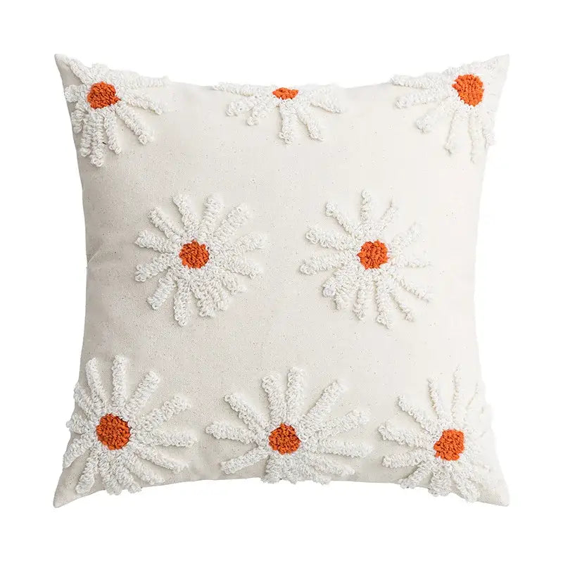Ivory tufted cushion cover with cream color and embroidered white daisies orange centers by decorbites for living room decor